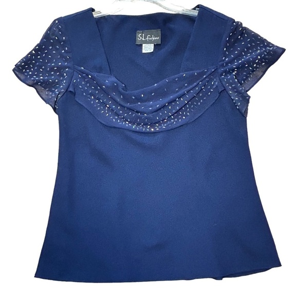 S.L. FASHIONS WOMENS NAVY BLUE SEQUINED ACCENTED 2-PC BLOUSE & SKIRT DRESS, 14 - Picture 5 of 9